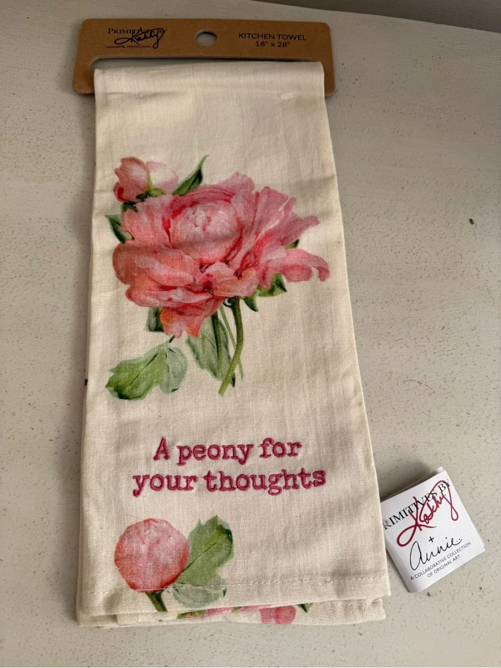 Primitives by Kathy Cream Towel with Pink Peony Design and Embroidered Script
